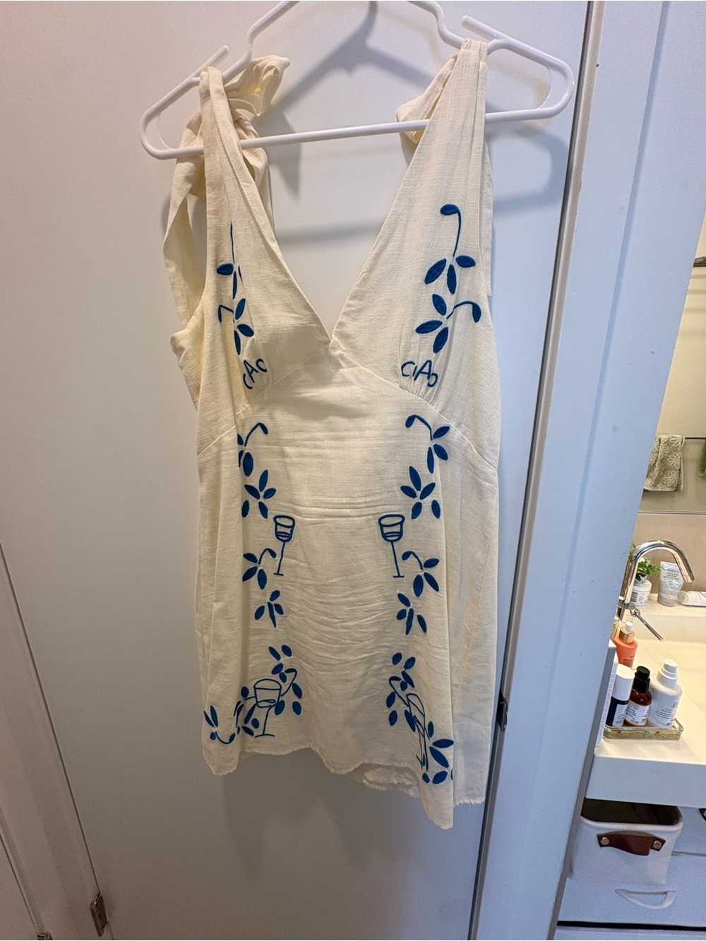 Cream V-Neck Embroidered Dress